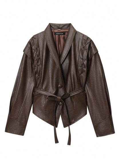 SHEIN-Leather jacket with a stand-up collar and belt - alotasawkli