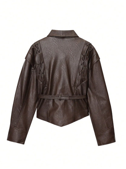SHEIN-Leather jacket with a stand-up collar and belt - alotasawkli