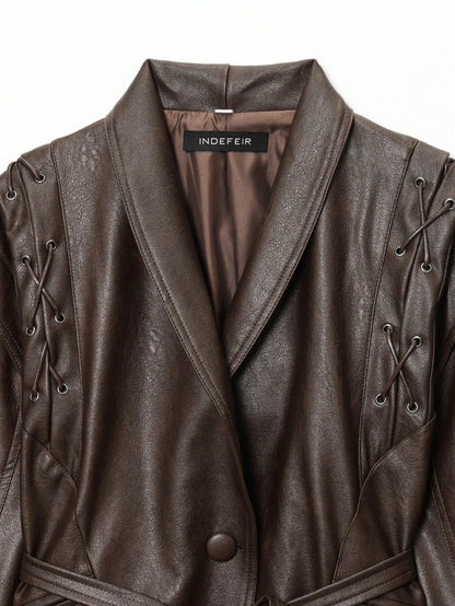 SHEIN-Leather jacket with a stand-up collar and belt - alotasawkli