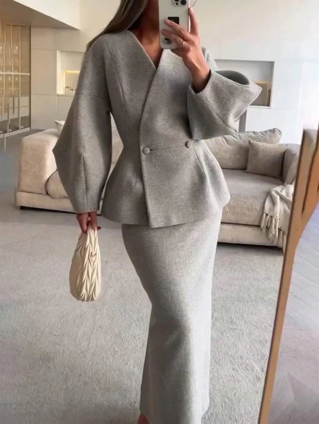 SHEIN-A stylish, casual, single-color suit set with front buttons - alotasawkli