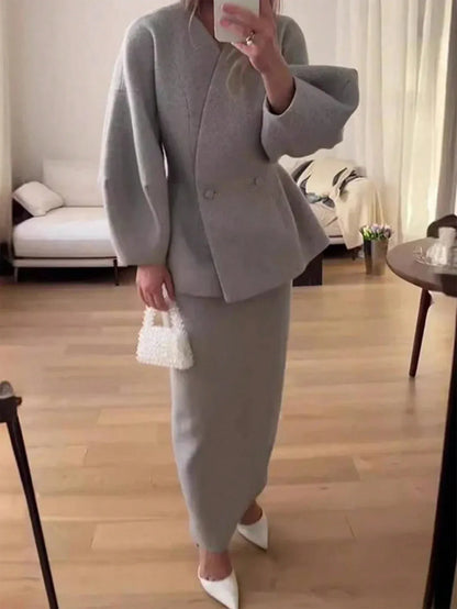SHEIN-A stylish, casual, single-color suit set with front buttons - alotasawkli