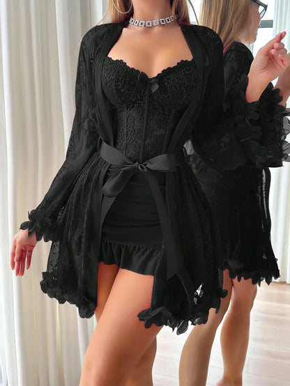 SHEIN Two-Piece Set: 3D Floral Robe & Camisole Nightdress - alotasawkli