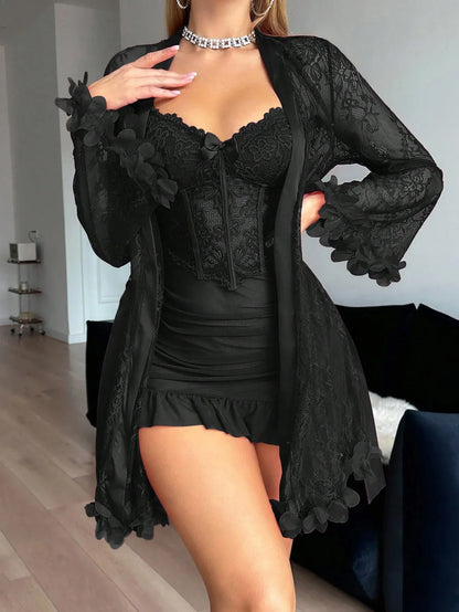 SHEIN Two-Piece Set: 3D Floral Robe & Camisole Nightdress - alotasawkli