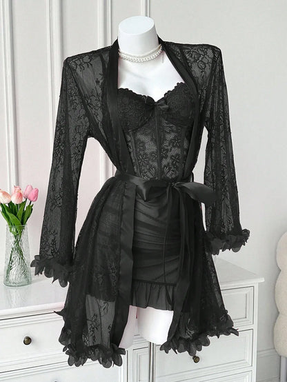 SHEIN Two-Piece Set: 3D Floral Robe & Camisole Nightdress - alotasawkli