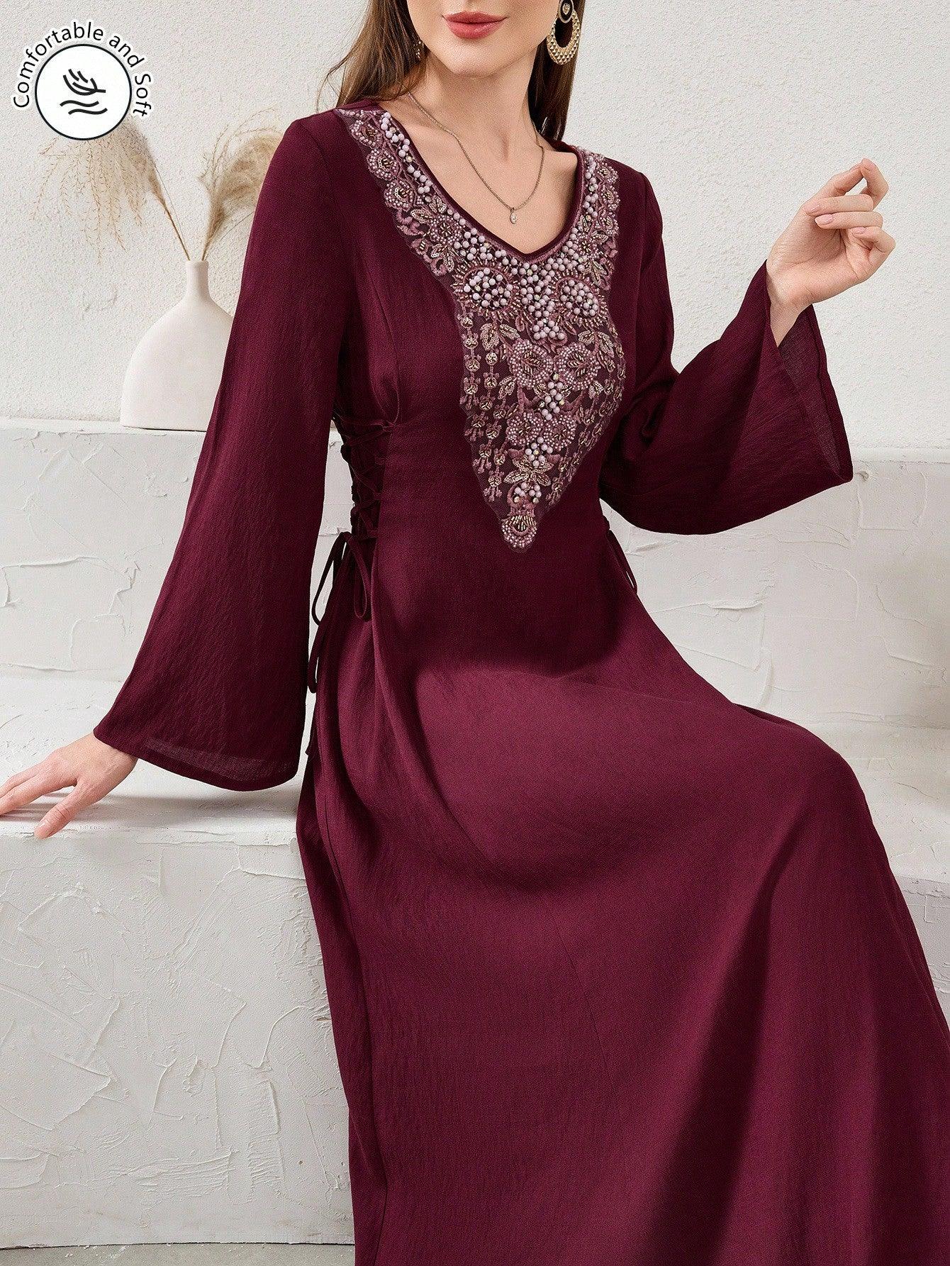 Al Najma فستان عربي محتشم أنيق بأكمام طويلة وياقة على شكل حرف V، بتطريز زخرفي، صيفي، مع ربطة جانبية، فستان كامل الطول على شكل جلابية كفتان - alotasawkli