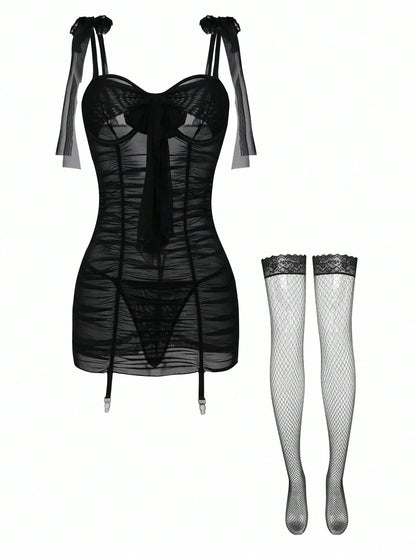 4-Piece Mesh Chemise Lingerie Set – Classic & Sexy Style - alotasawkli