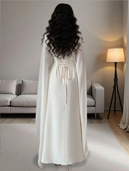 Rafferiza فستان ماكسي أنيق للنساء بلون أحادي، رقبة على شكل حرف V مطرزة، أكمام طويلة مشقوقة، مناسب للحفلات والارتداء اليومي، بسيط - alotasawkli
