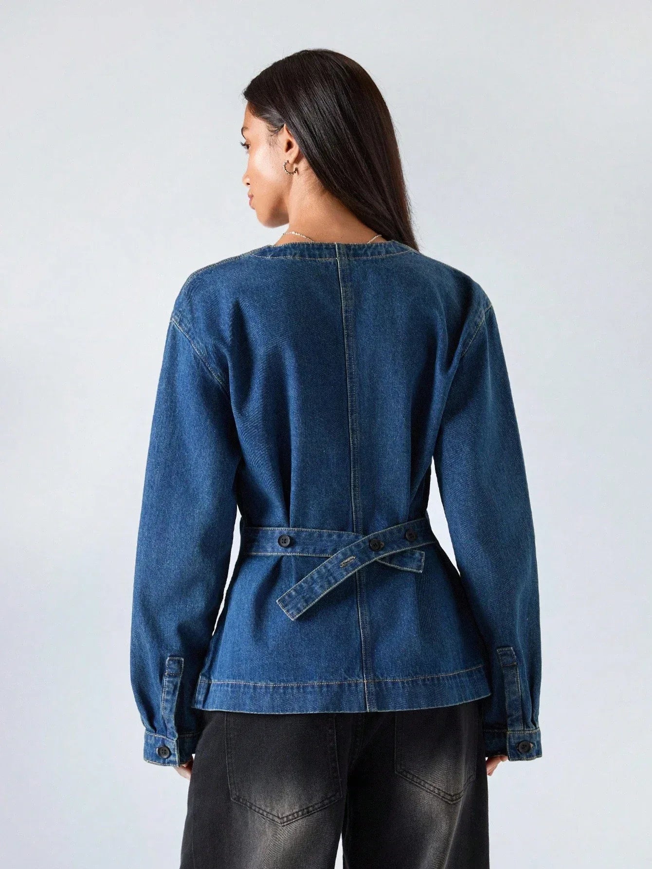 SHEIN-Women's Casual Washed Denim Blouse with Waist Belt - alotasawkli