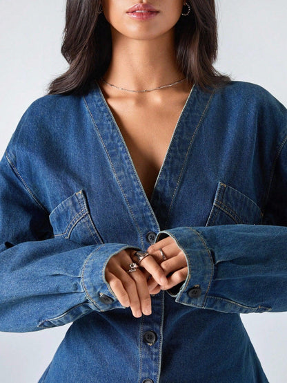 SHEIN-Women's Casual Washed Denim Blouse with Waist Belt - alotasawkli