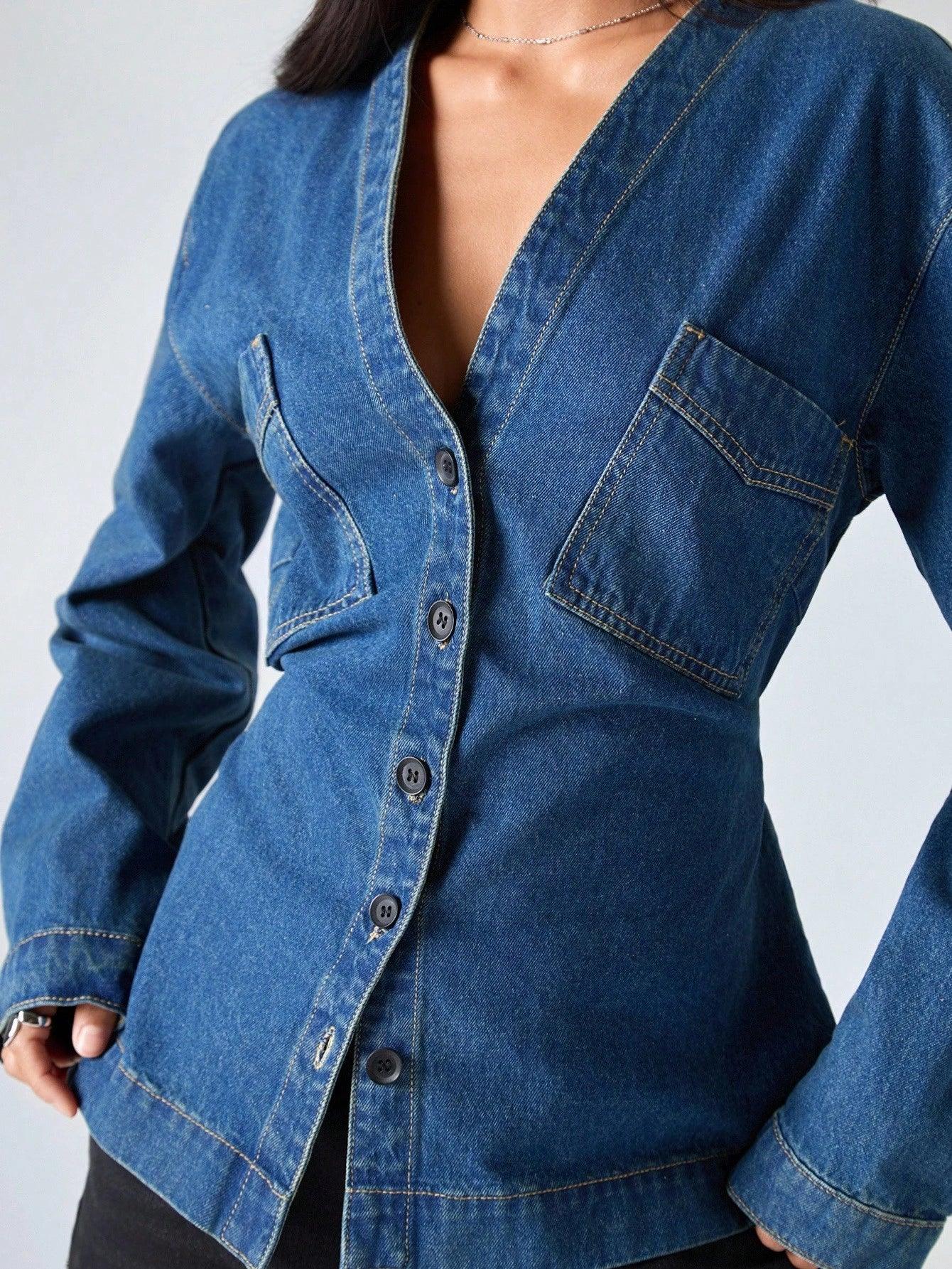 SHEIN-Women's Casual Washed Denim Blouse with Waist Belt - alotasawkli