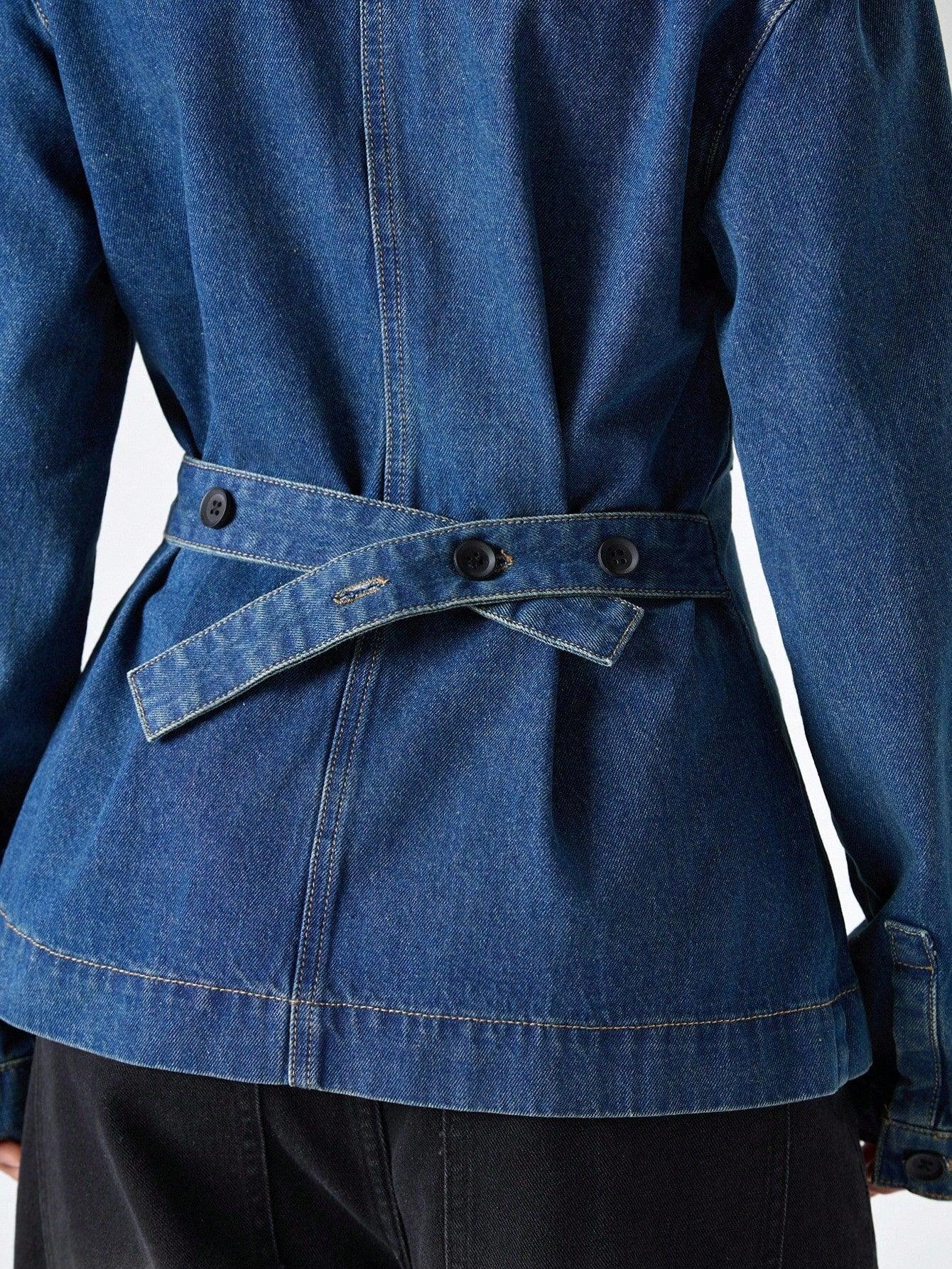 SHEIN-Women's Casual Washed Denim Blouse with Waist Belt - alotasawkli