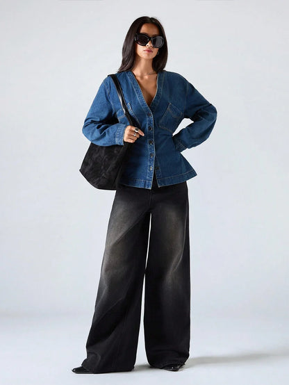 SHEIN-Women's Casual Washed Denim Blouse with Waist Belt - alotasawkli