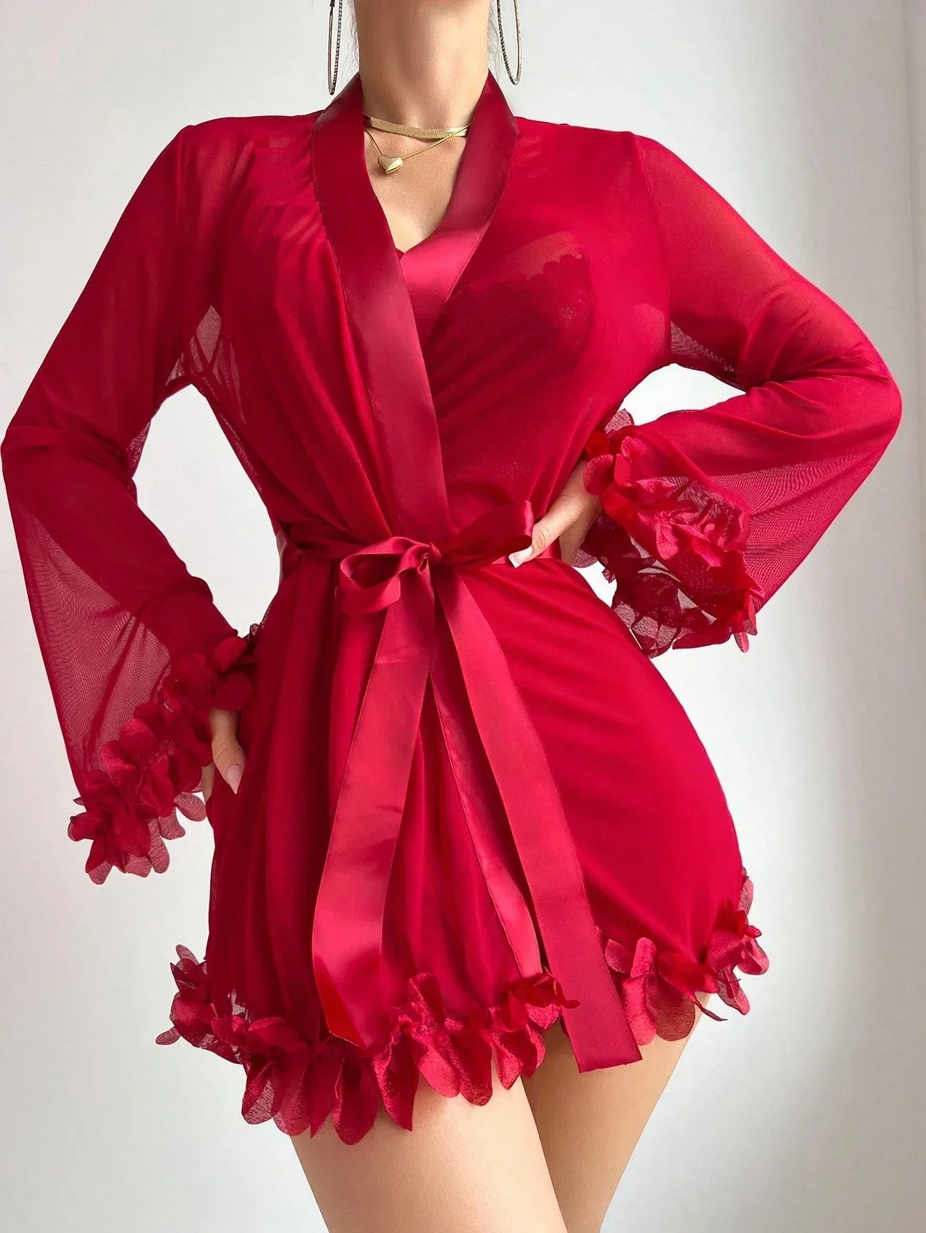 SHEIN 4-Piece Lace & Mesh Nightwear Set with Floral Mesh Robe - alotasawkli