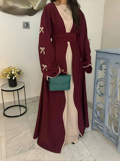 SuofeiMan عباءة أبايا عصرية جديدة من الشرق الأوسط بتصميم بسيط وأنيق، جاكيت لون أحمر داكن ذو لون أحادي، كاجوال ناعم ومريح مع حزام، مناسب لمناسبات الربيع والعطلات والاستخدام اليومي - alotasawkli