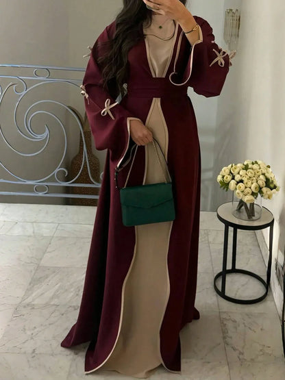 SuofeiMan عباءة أبايا عصرية جديدة من الشرق الأوسط بتصميم بسيط وأنيق، جاكيت لون أحمر داكن ذو لون أحادي، كاجوال ناعم ومريح مع حزام، مناسب لمناسبات الربيع والعطلات والاستخدام اليومي - alotasawkli