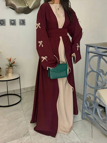 SuofeiMan عباءة أبايا عصرية جديدة من الشرق الأوسط بتصميم بسيط وأنيق، جاكيت لون أحمر داكن ذو لون أحادي، كاجوال ناعم ومريح مع حزام، مناسب لمناسبات الربيع والعطلات والاستخدام اليومي - alotasawkli