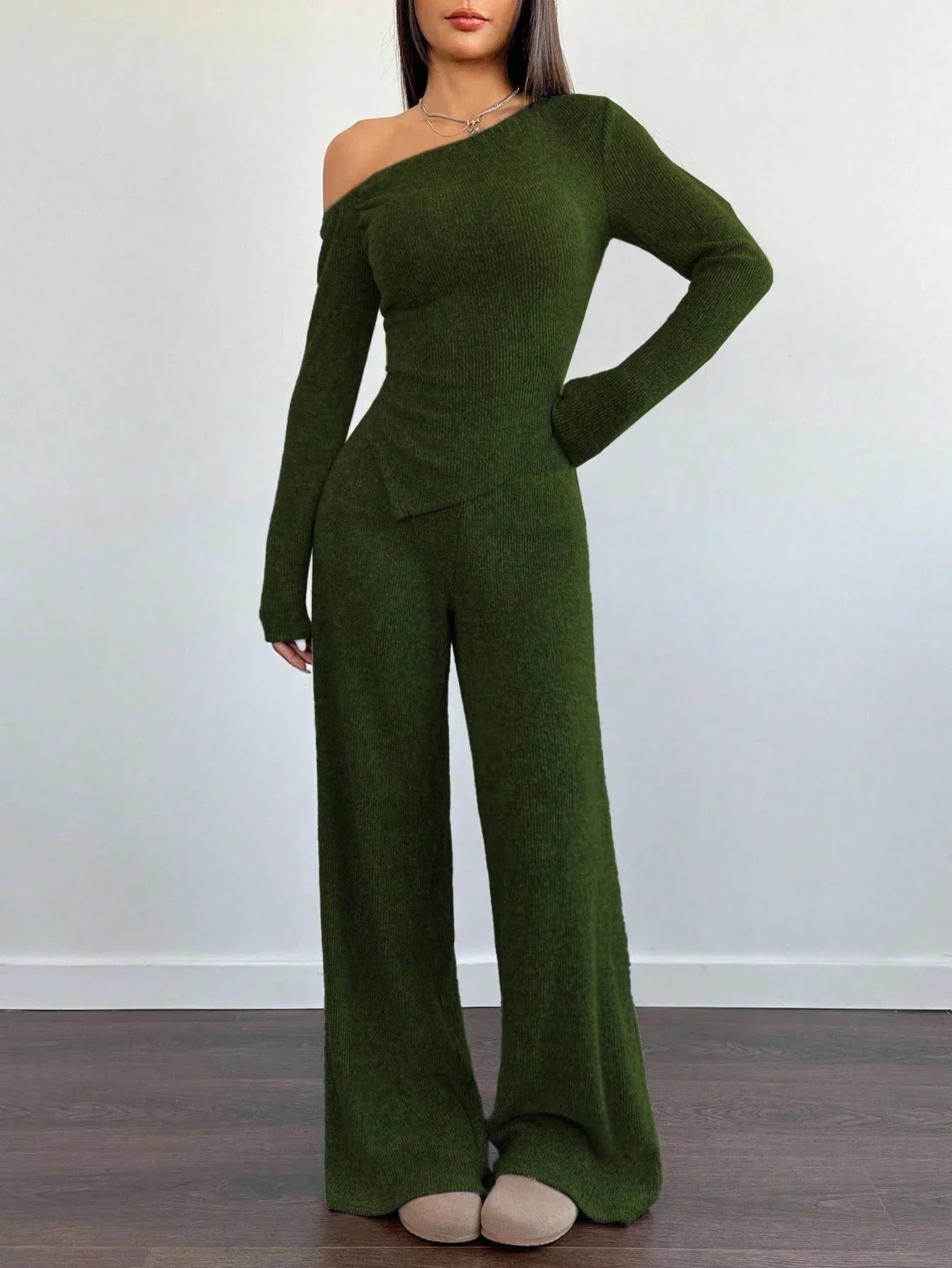 SHEIN-Flirla Asymmetrical Shoulder Velvet Top + Low-Waisted Wide-Leg Pants - alotasawkli