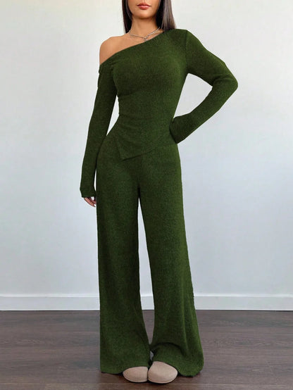 SHEIN-Flirla Asymmetrical Shoulder Velvet Top + Low-Waisted Wide-Leg Pants - alotasawkli