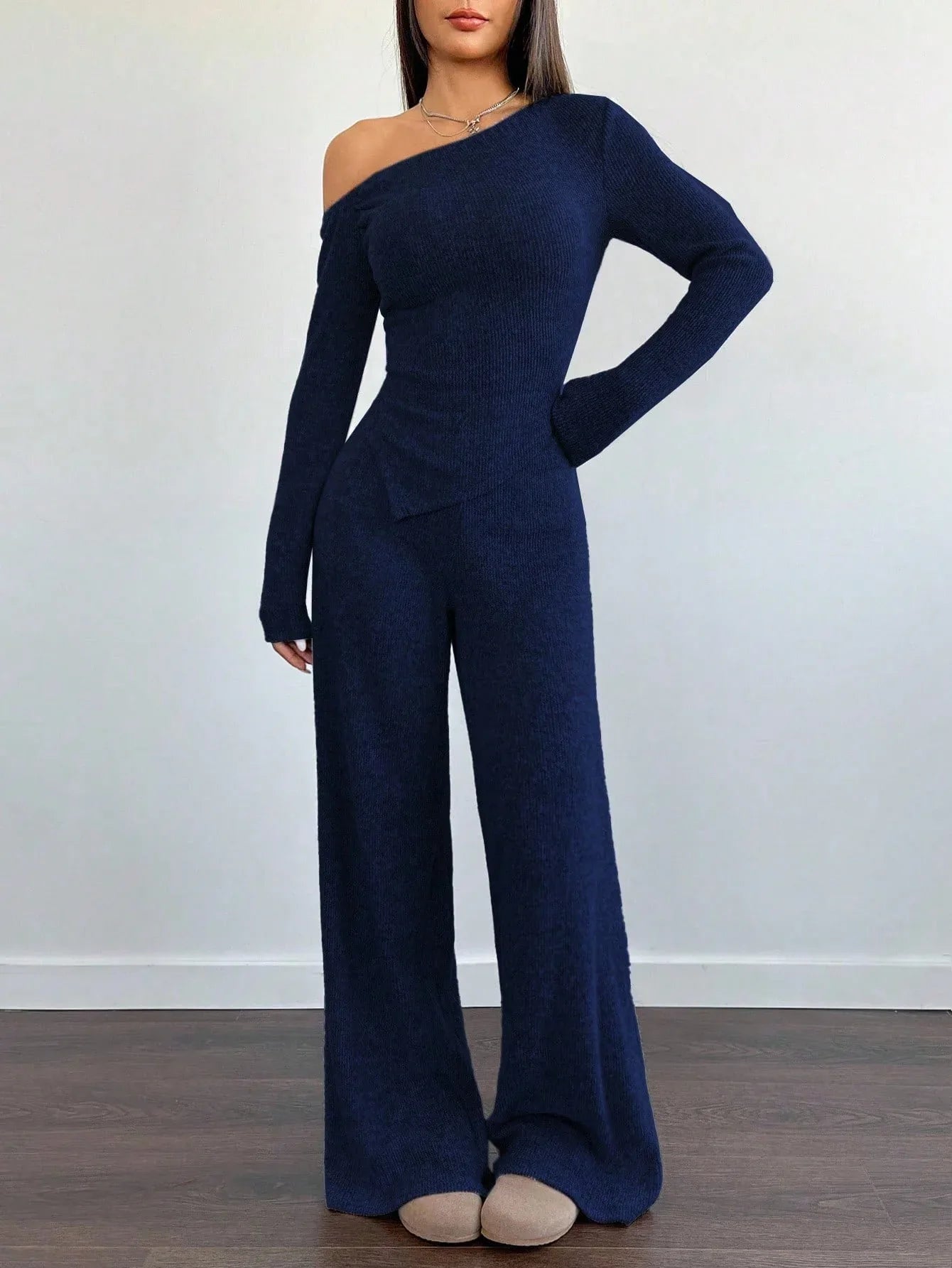 SHEIN-Flirla Asymmetrical Shoulder Velvet Top + Low-Waisted Wide-Leg Pants - alotasawkli