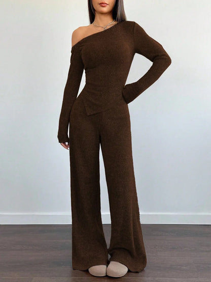 SHEIN-Flirla Asymmetrical Shoulder Velvet Top + Low-Waisted Wide-Leg Pants - alotasawkli