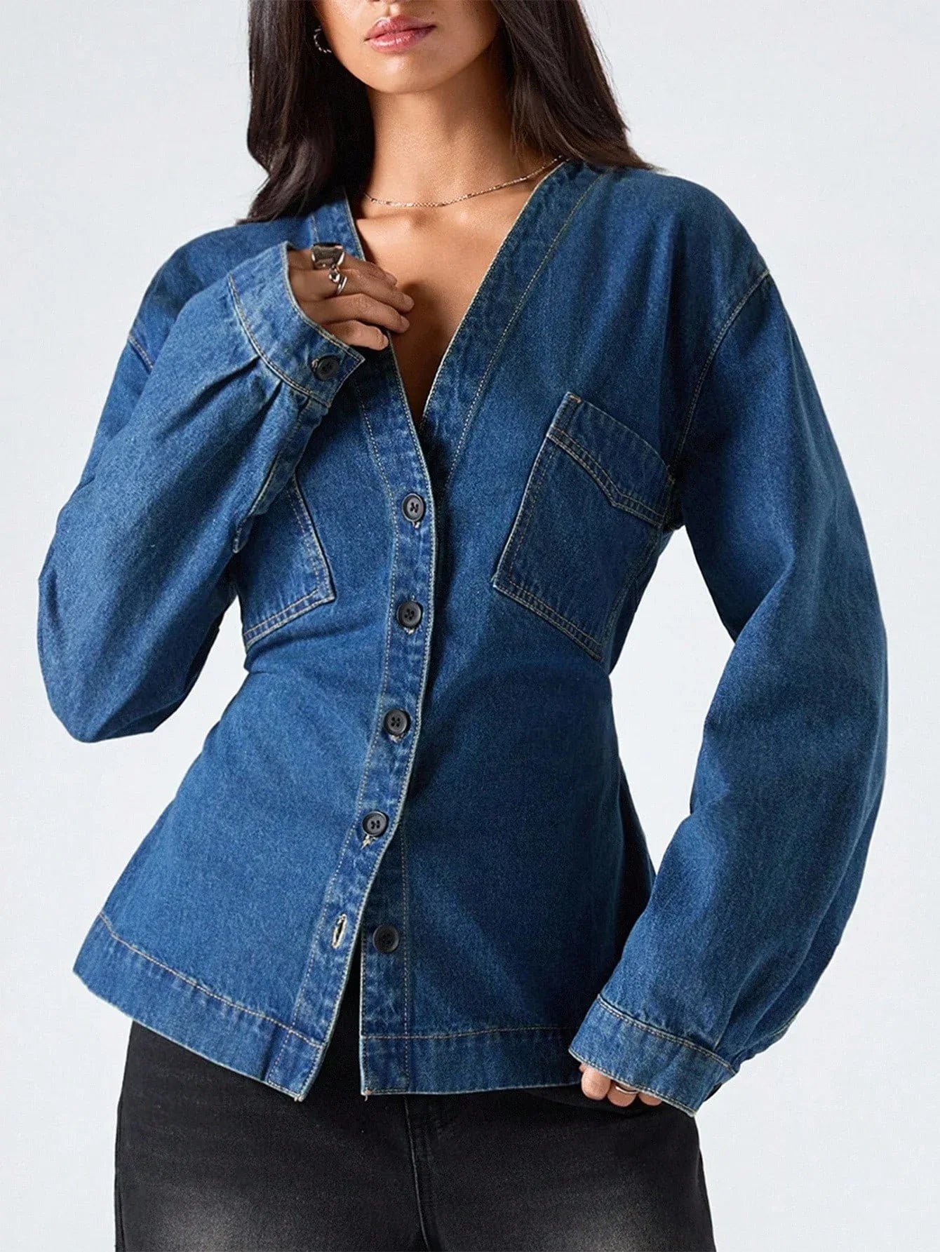 SHEIN-Women's Casual Washed Denim Blouse with Waist Belt - alotasawkli