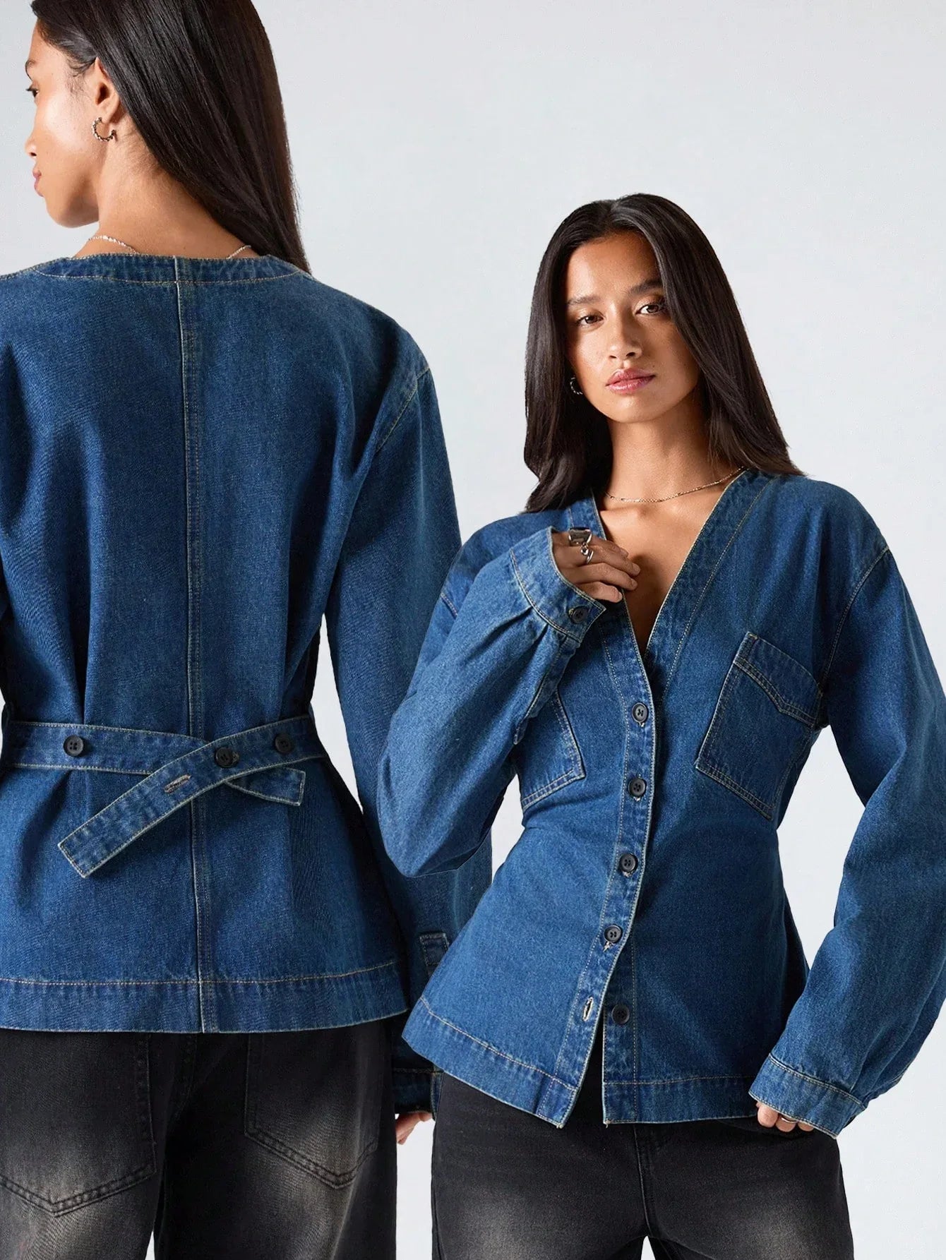 SHEIN-Women's Casual Washed Denim Blouse with Waist Belt - alotasawkli