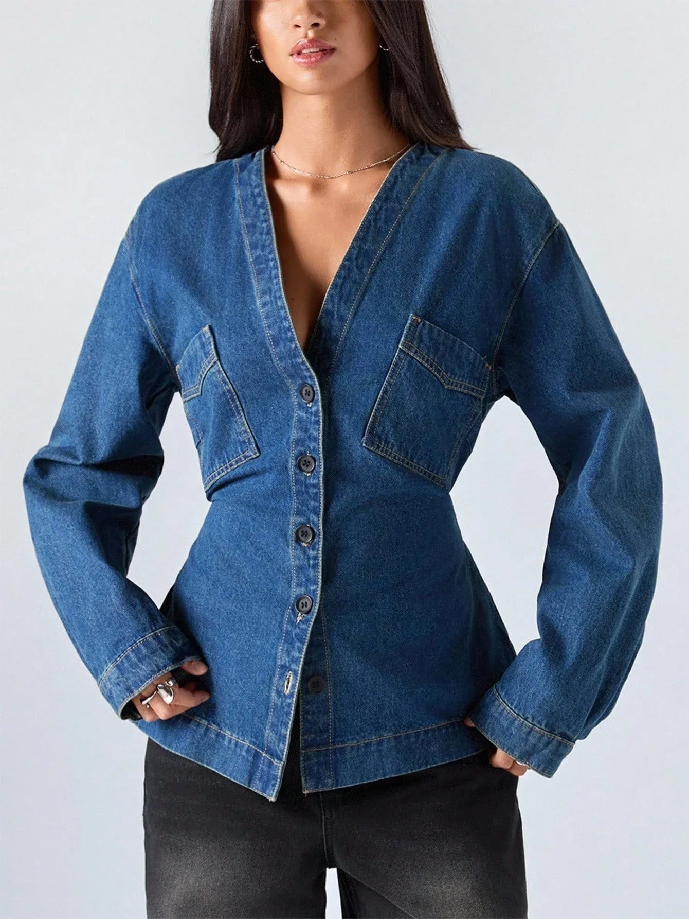SHEIN-Women's Casual Washed Denim Blouse with Waist Belt - alotasawkli