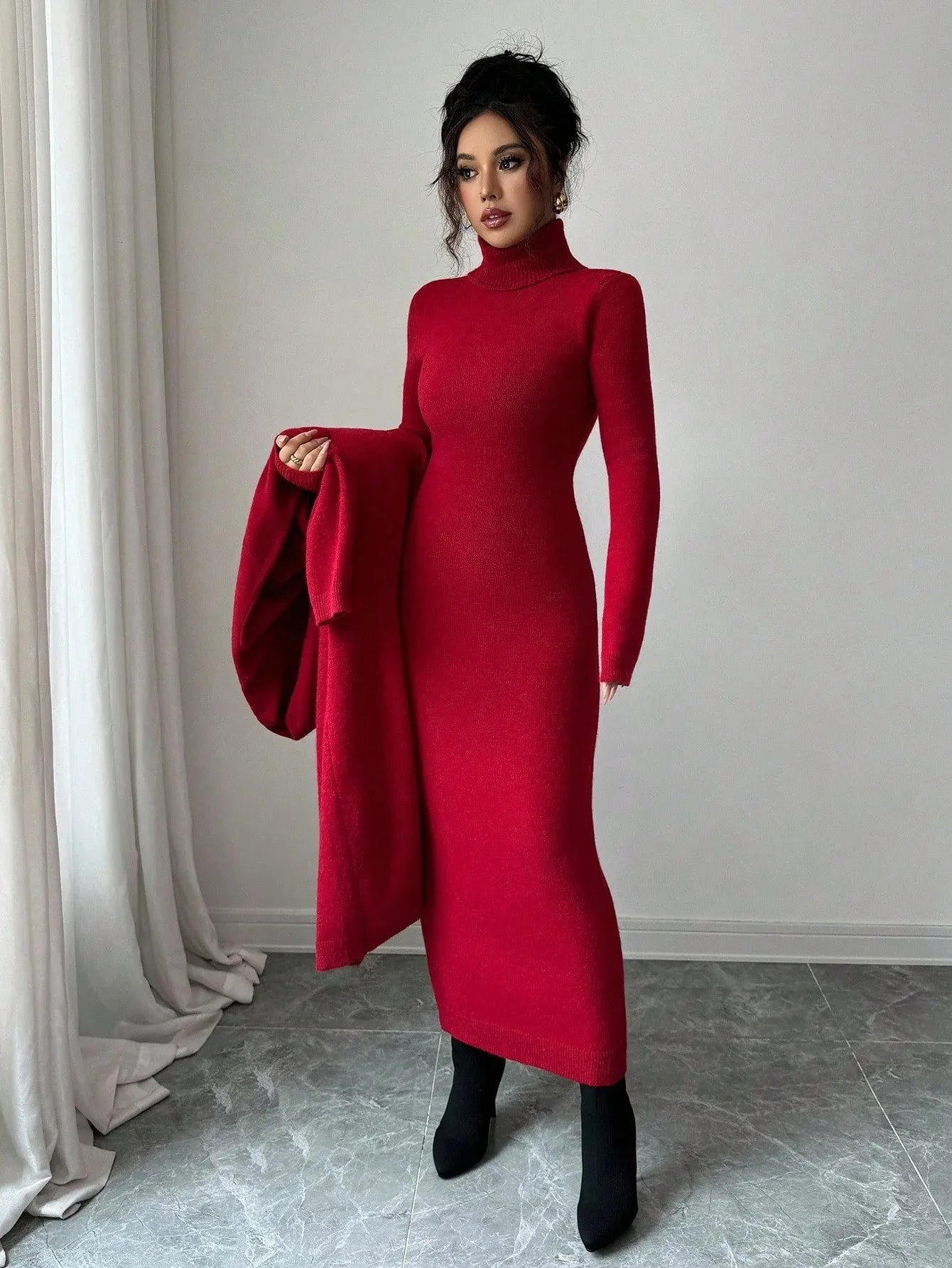 Elenzga Casual Red Knit Dress for Women – Fall/Winter - alotasawkli