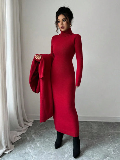 Elenzga Casual Red Knit Dress for Women – Fall/Winter - alotasawkli