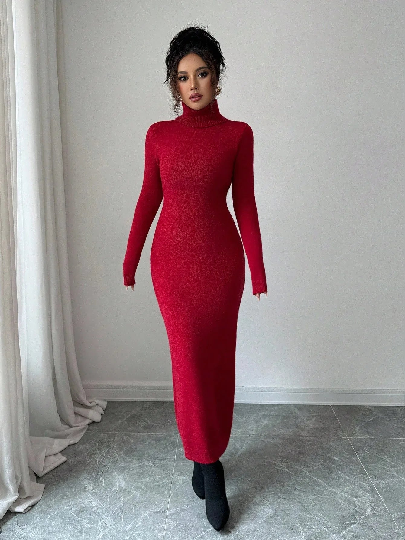 Elenzga Casual Red Knit Dress for Women – Fall/Winter - alotasawkli