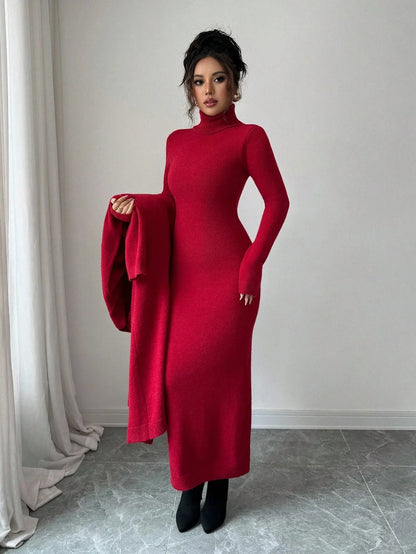 Elenzga Casual Red Knit Dress for Women – Fall/Winter - alotasawkli
