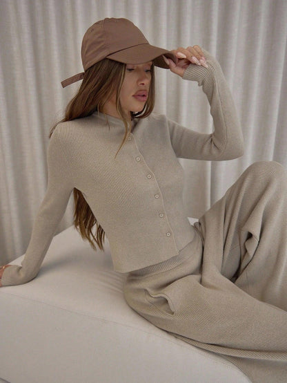 SHEIN-MUSERA long-sleeved button-up cardigan, elastic knit pants - alotasawkli