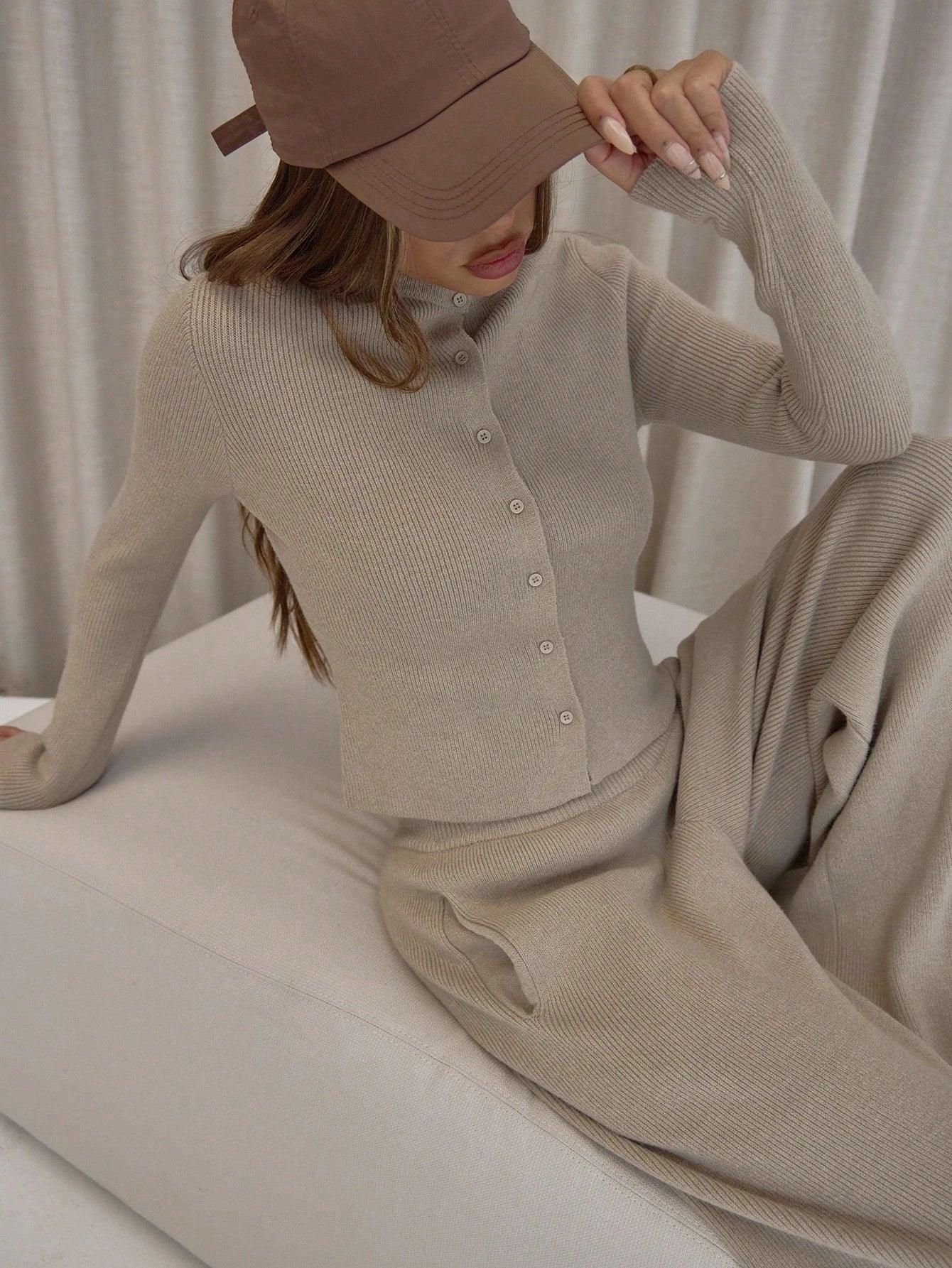 SHEIN-MUSERA long-sleeved button-up cardigan, elastic knit pants - alotasawkli