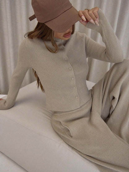 SHEIN-MUSERA long-sleeved button-up cardigan, elastic knit pants - alotasawkli