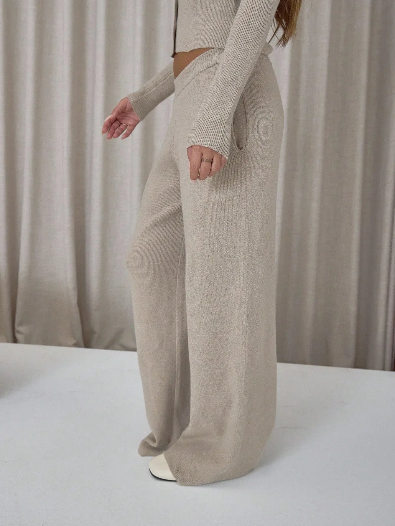 SHEIN-MUSERA long-sleeved button-up cardigan, elastic knit pants - alotasawkli