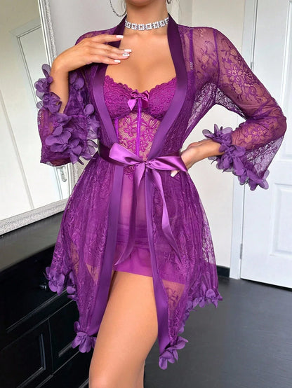 SHEIN Two-Piece Set: 3D Floral Robe & Camisole Nightdress - alotasawkli