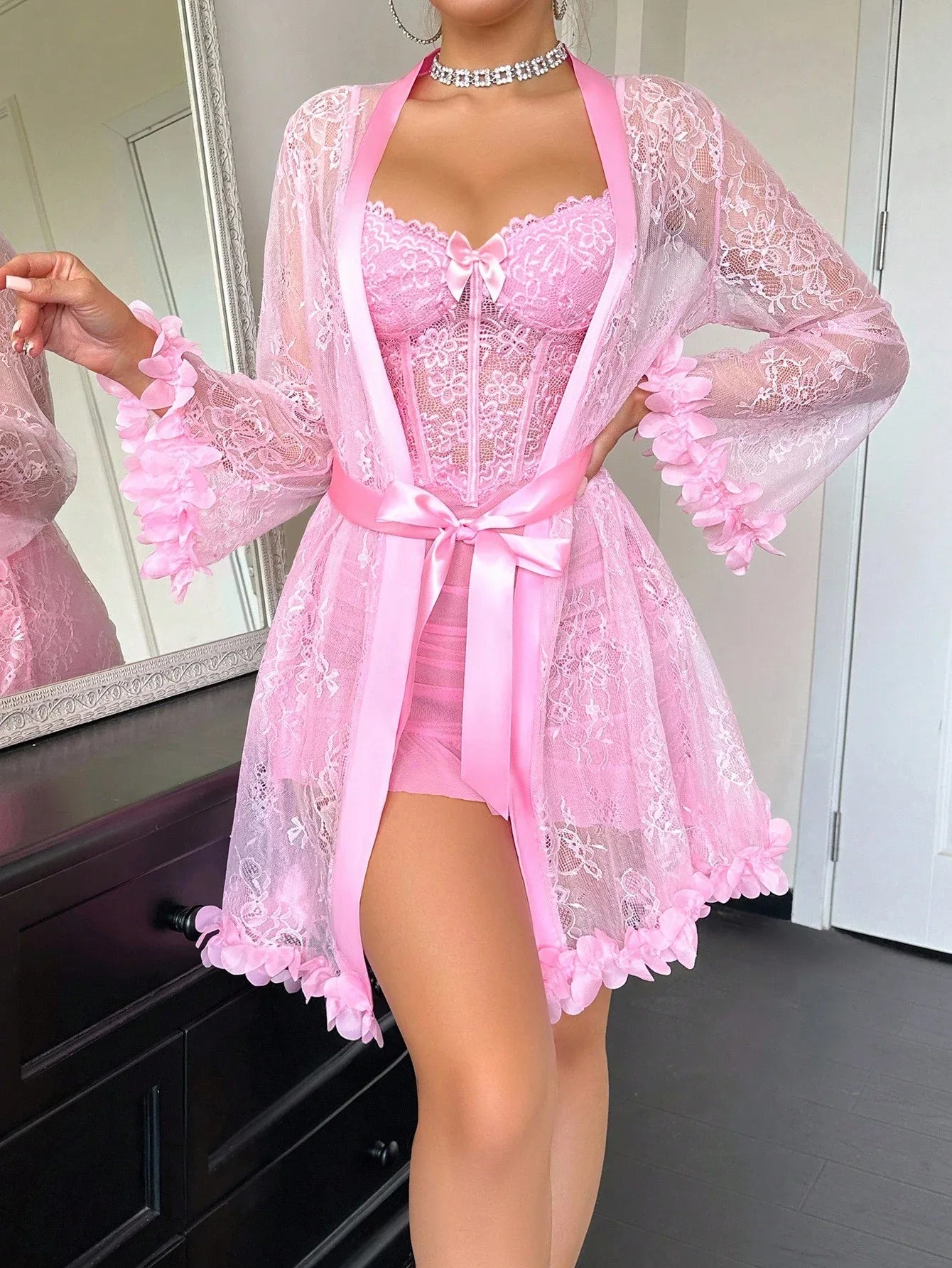 SHEIN Two-Piece Set: 3D Floral Robe & Camisole Nightdress - alotasawkli