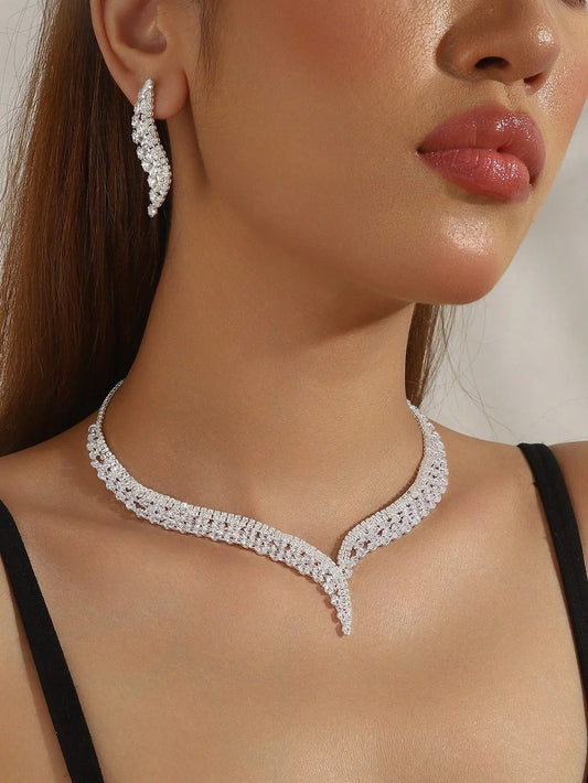 3 قطع مجموعة مجوهرات أنيقة للنساء: قلادة زركونيا + أقراط، فاخرة، لامعة، أنيقة، إكسسوار فريد للأعراس والحفلات والمناسبات - alotasawkli