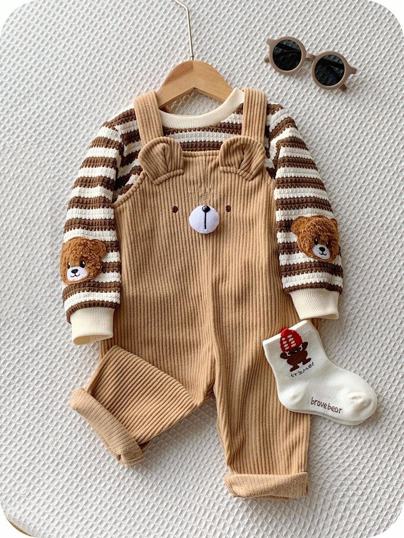 Kids’ 2-Piece Striped Long-Sleeve Top & Corduroy Bear Overalls Set - alotasawkli