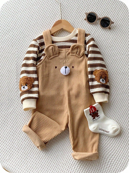 Kids’ 2-Piece Striped Long-Sleeve Top & Corduroy Bear Overalls Set - alotasawkli