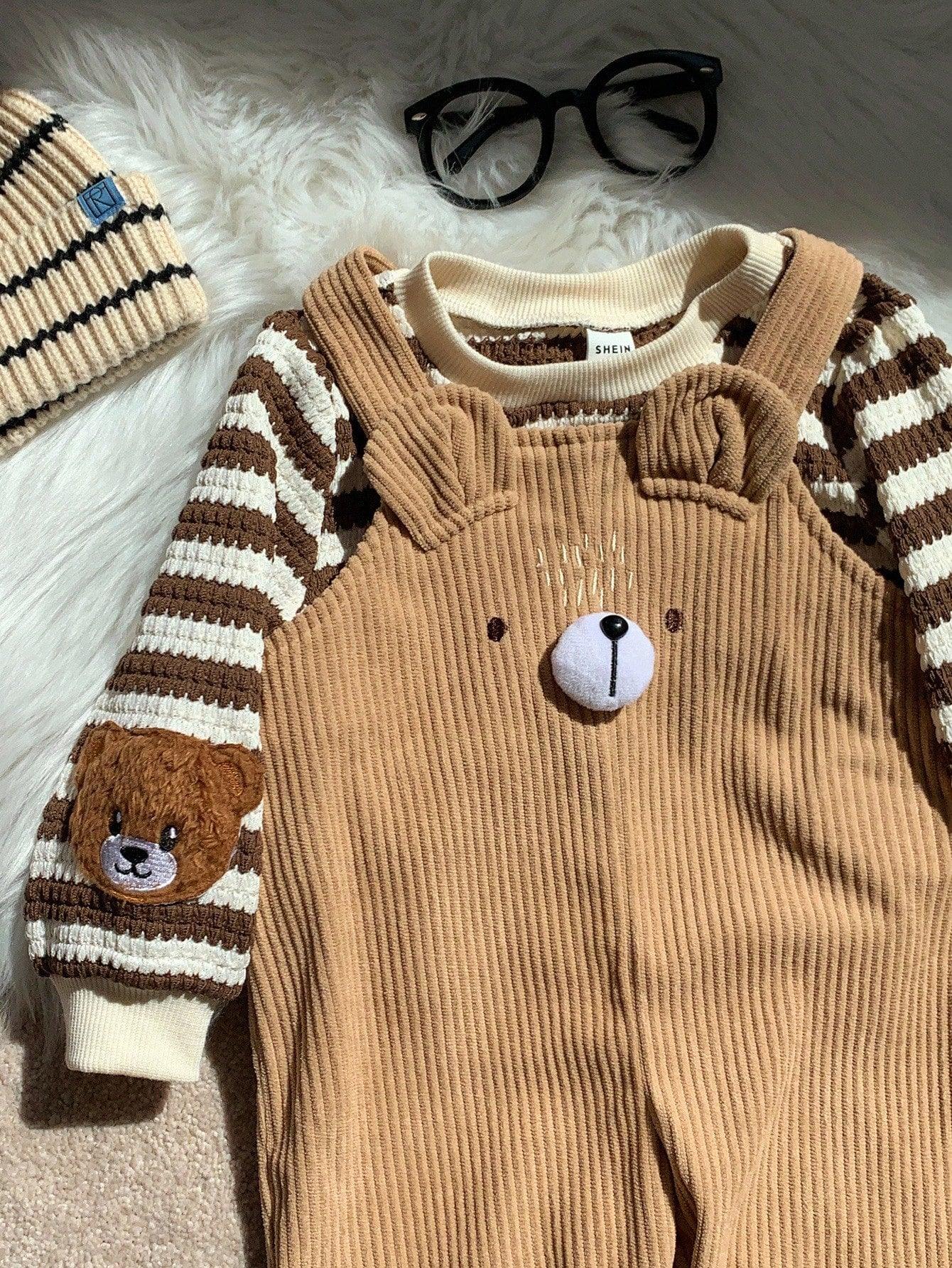 Kids’ 2-Piece Striped Long-Sleeve Top & Corduroy Bear Overalls Set - alotasawkli