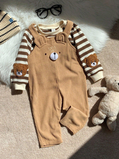 Kids’ 2-Piece Striped Long-Sleeve Top & Corduroy Bear Overalls Set - alotasawkli