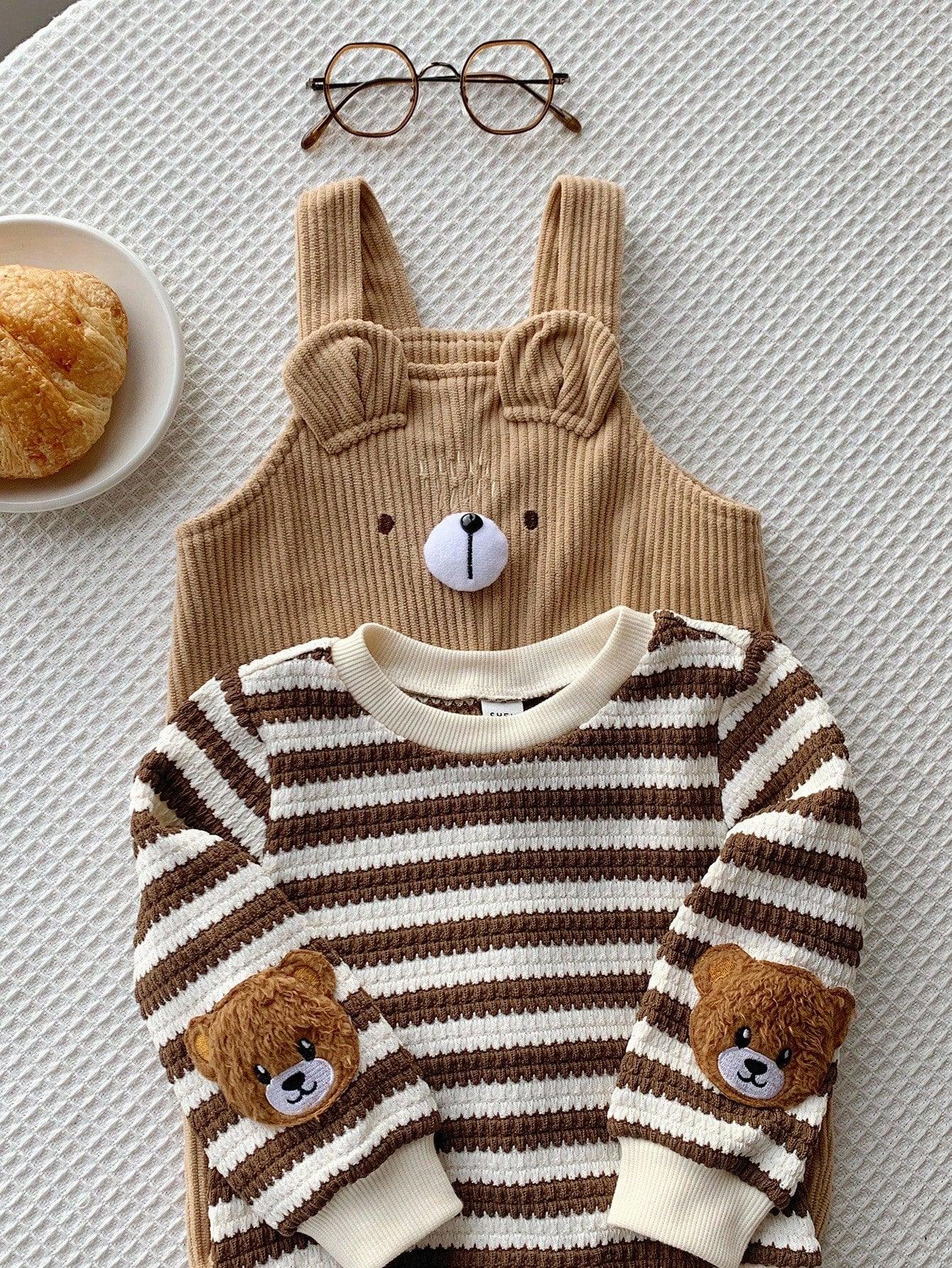 Kids’ 2-Piece Striped Long-Sleeve Top & Corduroy Bear Overalls Set - alotasawkli