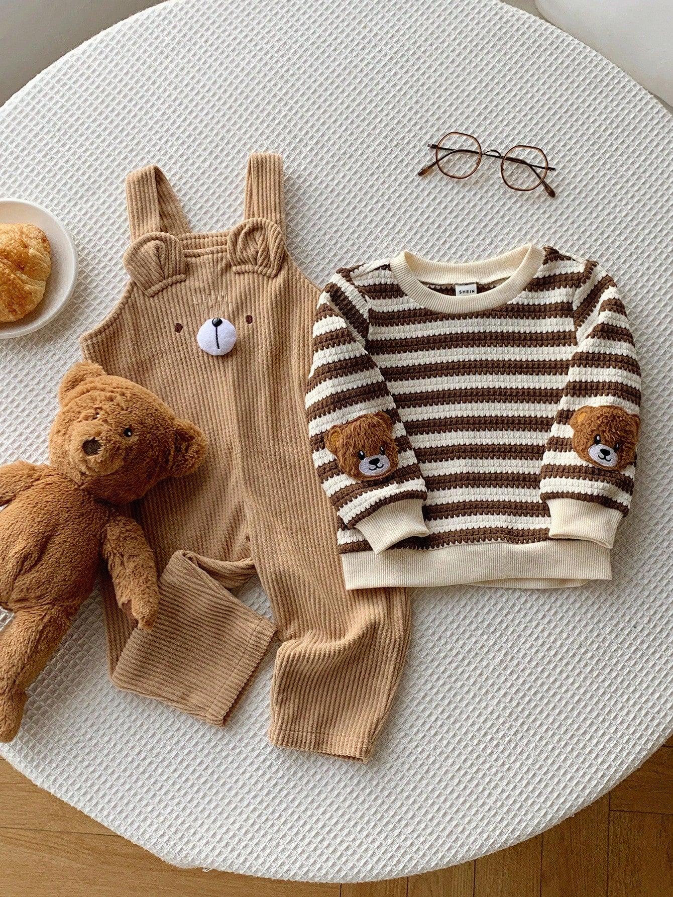 Kids’ 2-Piece Striped Long-Sleeve Top & Corduroy Bear Overalls Set - alotasawkli