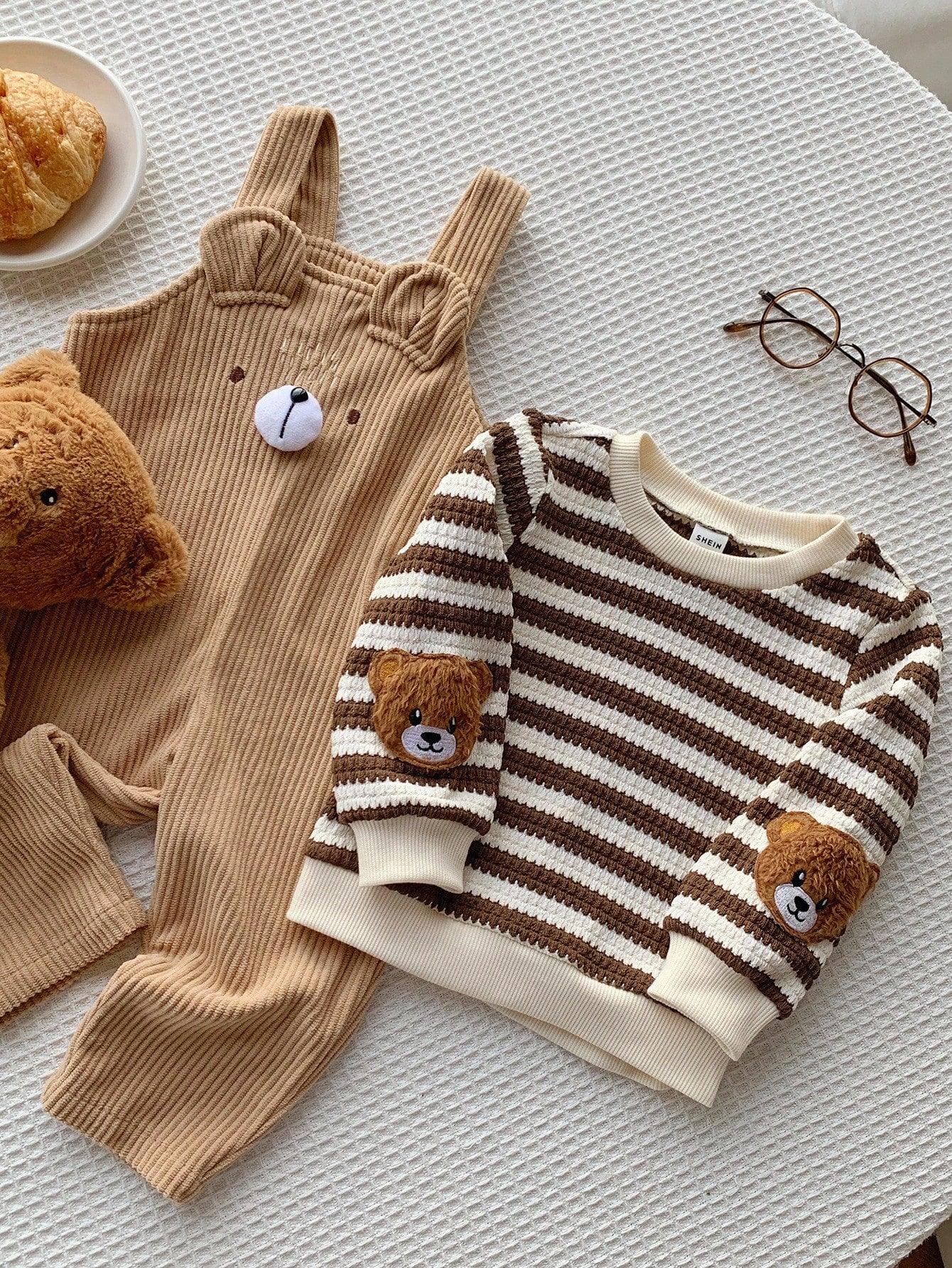 Kids’ 2-Piece Striped Long-Sleeve Top & Corduroy Bear Overalls Set - alotasawkli