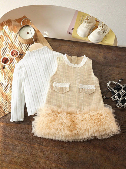 Girls’ Beige Elegant Dress & Top Set - alotasawkli