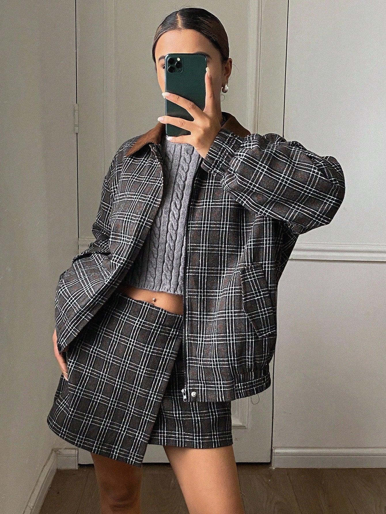 SHEIN-DAZY Women's Suit Set consisting of a plaid collar coat - alotasawkli
