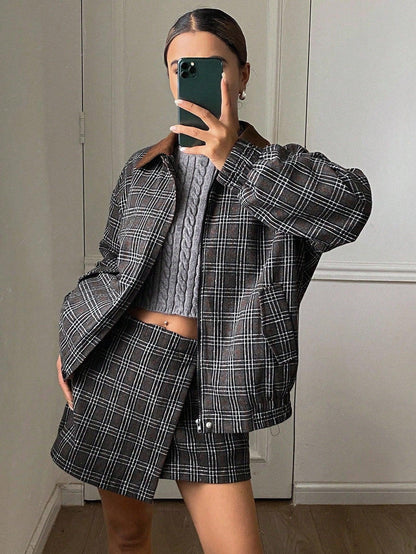 SHEIN-DAZY Women's Suit Set consisting of a plaid collar coat - alotasawkli