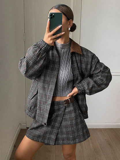 SHEIN-DAZY Women's Suit Set consisting of a plaid collar coat - alotasawkli