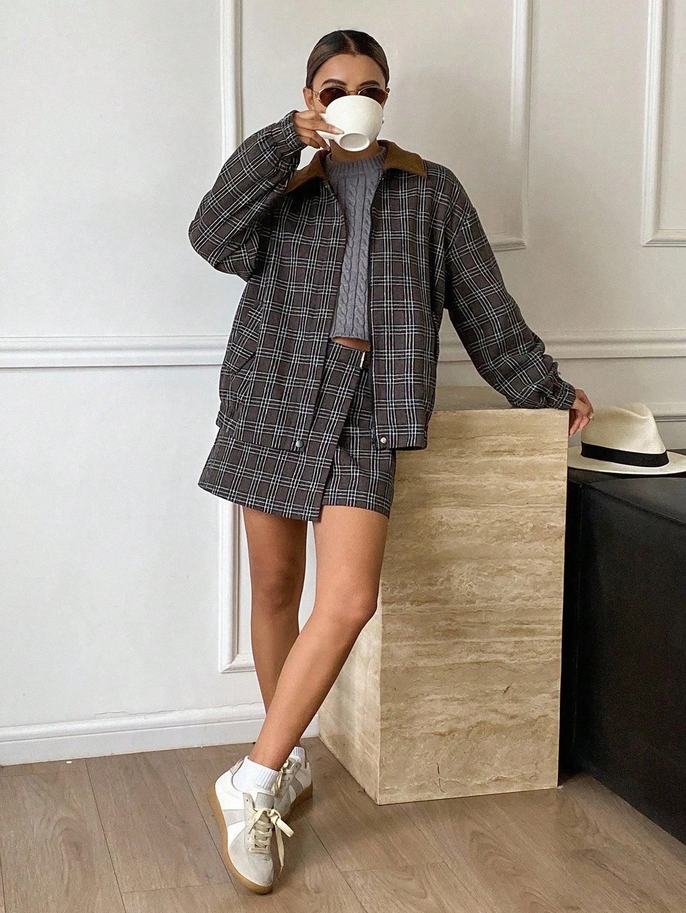 SHEIN-DAZY Women's Suit Set consisting of a plaid collar coat - alotasawkli